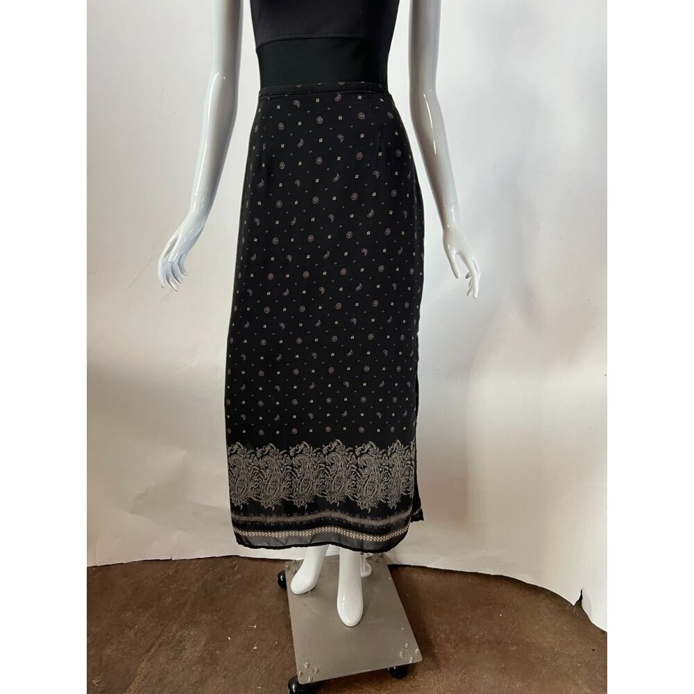 Vintage Black Midi Skirt sz 10  With Paisley & Floral Print Side Slit Button Clo - Picture 8 of 15